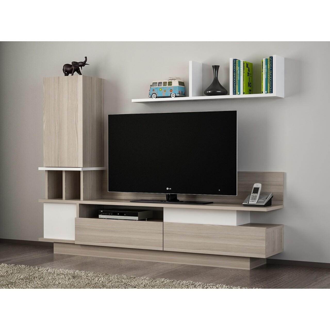 Comoda TV cu biblioteca si raft, Wooden Art, Como White Cordoba, 149x171.1x31.5 cm - imagine 5